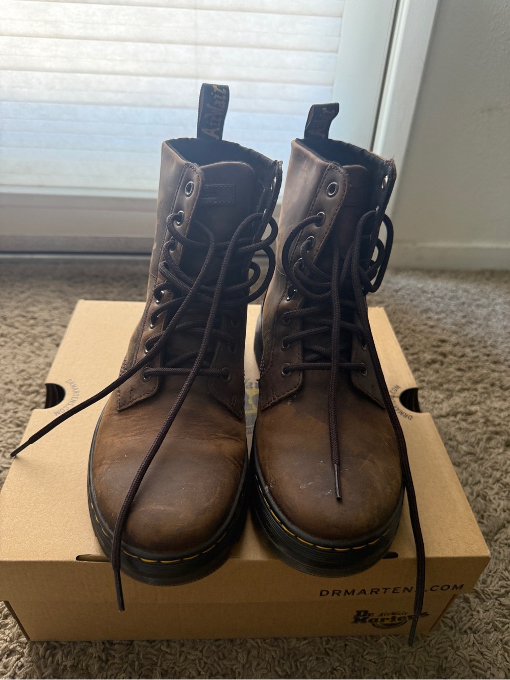 Dr. Martens Brown Lace-Up Leather Ankle Boots with Yellow Stitching